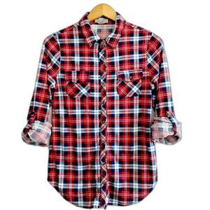 Passport Plaid Red Blue Roll Tab Sleeves Button Shirt Medium
